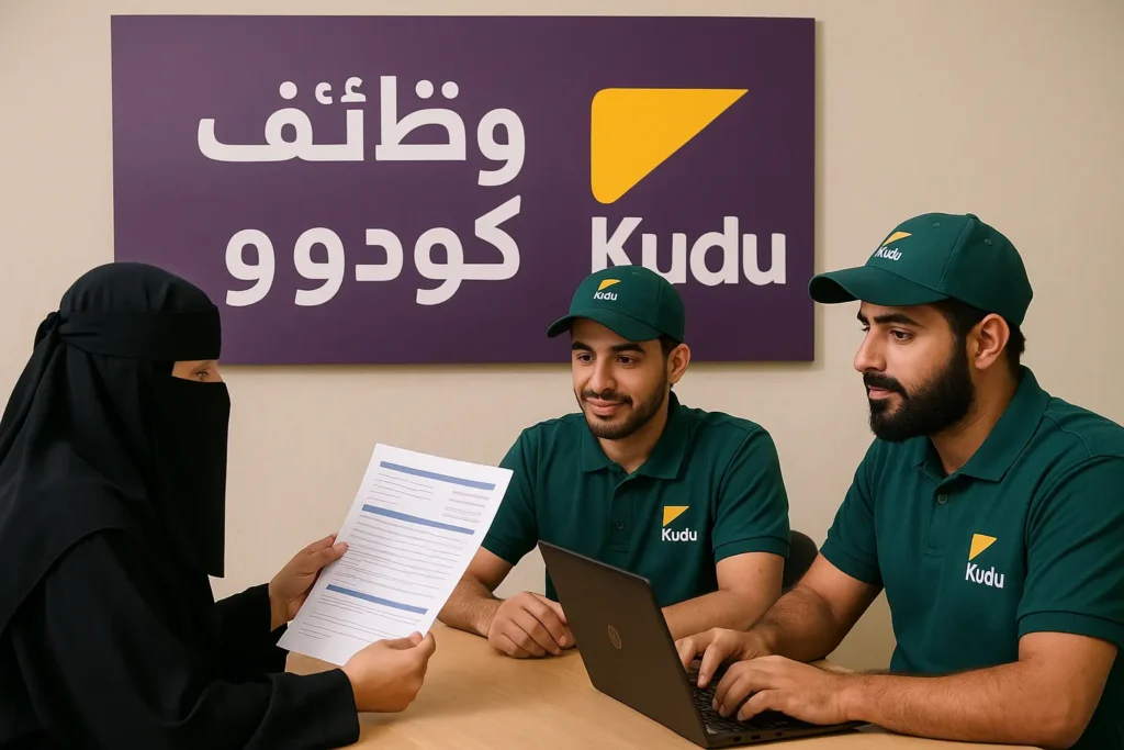 صورة واقعية لمقابلة توظيف في مطعم كودو في السعودية، تظهر امرأة ترتدي نقابًا أسود تقدم سيرتها الذاتية لموظفَين من كودو يرتديان زيًا أخضر، وخلفهم لافتة مكتوب عليها "وظائف كودو".