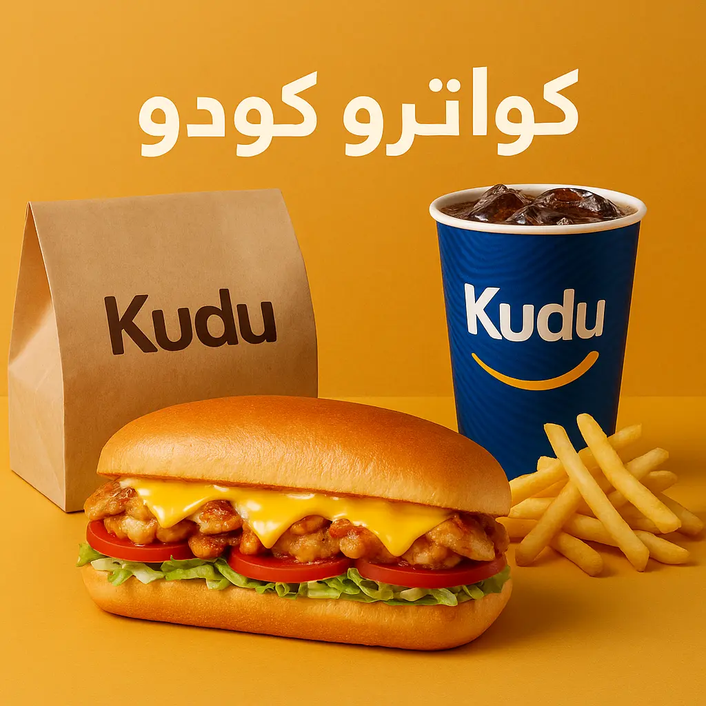 علبة تيك أواي تحتوي على ساندويتش كواترو كودو من كودو السعودية مع بطاطس ومشروب، مغلفة بعناية وجاهزة للتوصيل أو الطلب السريع