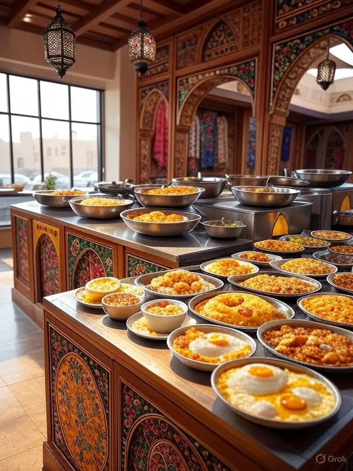 منيو كودو الفطور 2025 في السعودية، بوفيه مفتوح يضم وجبات مثل بيض مع هاش براونز ووافل مع شراب القيقب في مطبخ مفتوح بزخارف عربية