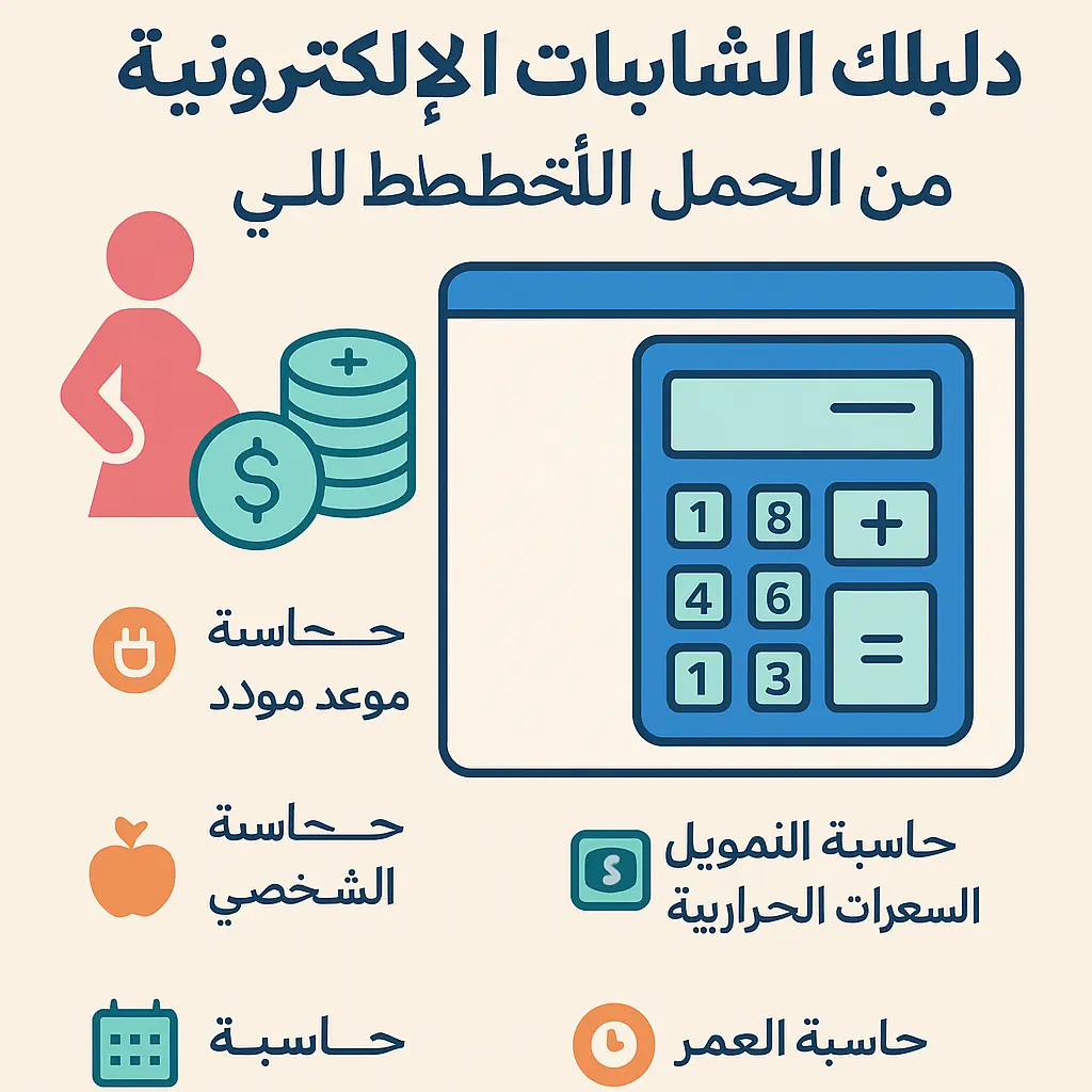 صورة توضيحية باللغة العربية تعرض أنواع الحاسبات الإلكترونية مثل حاسبة الحمل، حاسبة التمويل، حاسبة السعرات الحرارية، وحاسبة العمر، مع رموز وأيقونات تمثل كل نوع داخل تصميم ملون بسيط.